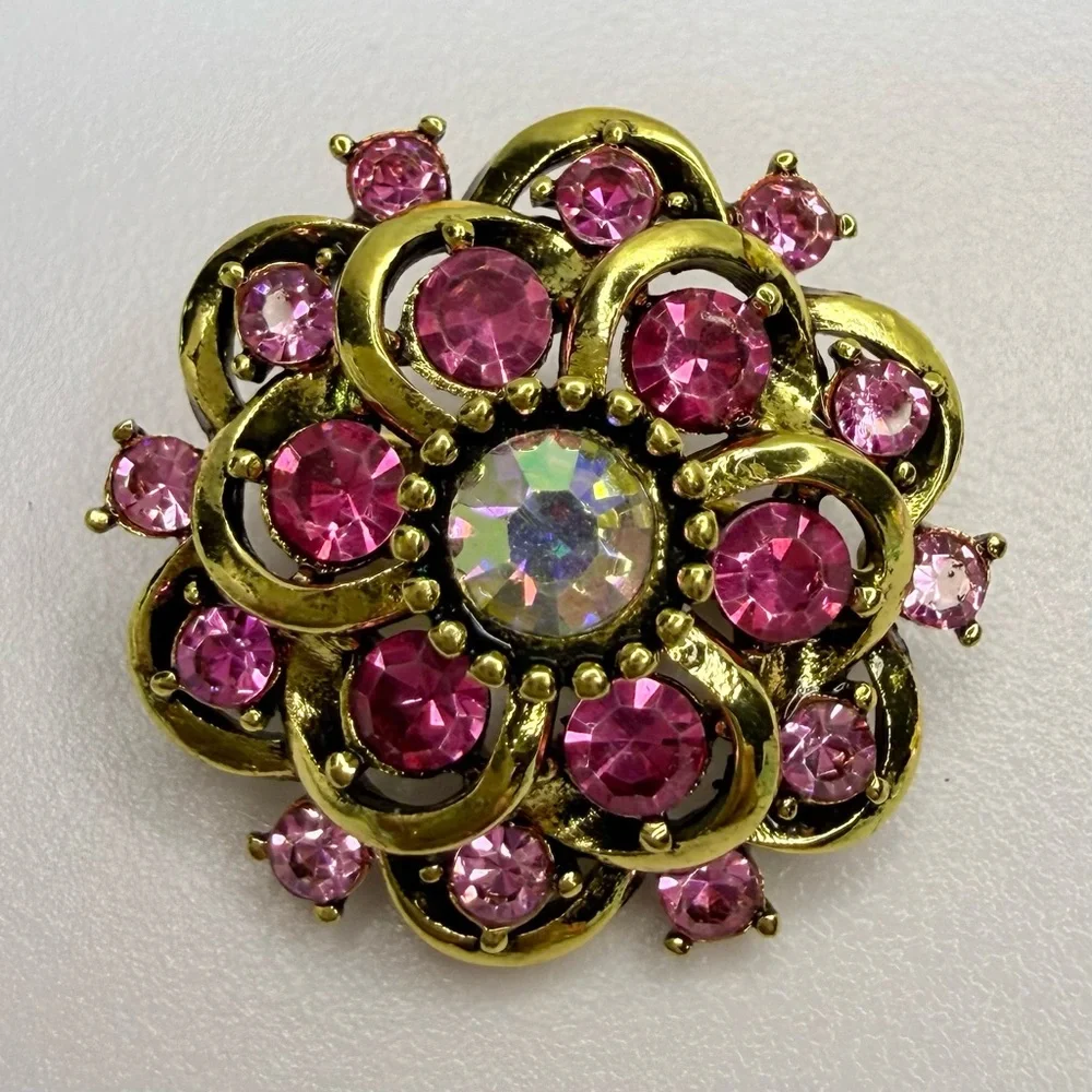Gold-Tone Pink Crystal Floral Brooch 1” NWOT